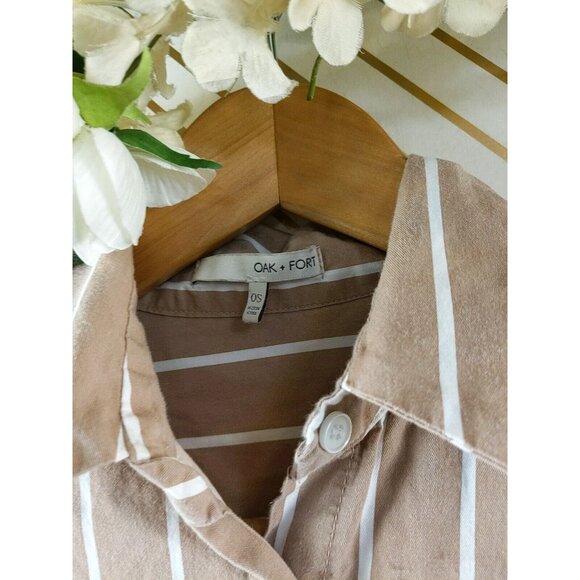 OAK FORT Women's Tan White Striped Button Up Blouse Flare Sleeve Size OS - Picture 5 of 9